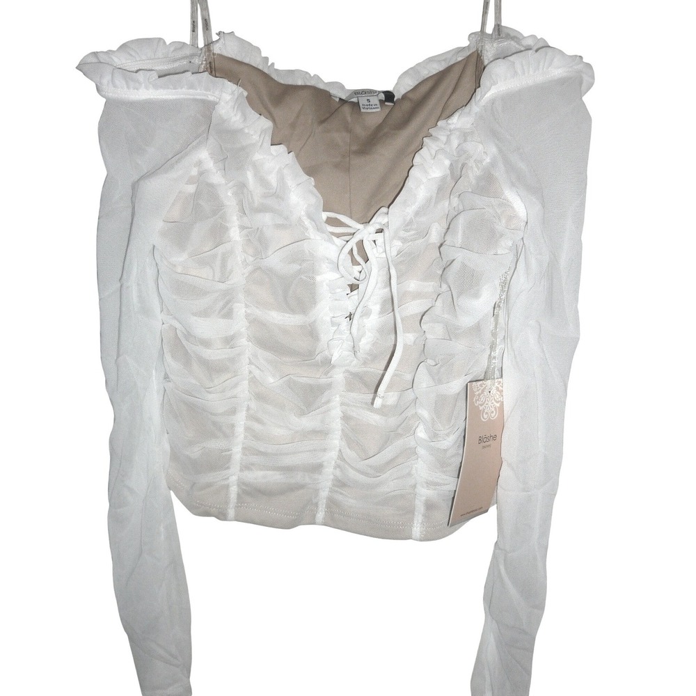 NEW Blashe White Tulle Crop Ruched Corset Bustier Top Long Sleeve Lace Up Size S